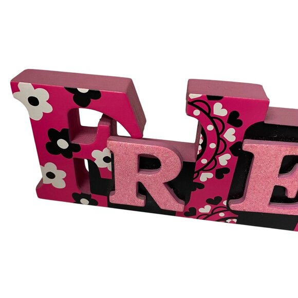 Decorative Wooden "Friends" Block Sign 13 Inches Long Pink & Black Floral Design - Picture 2 of 6